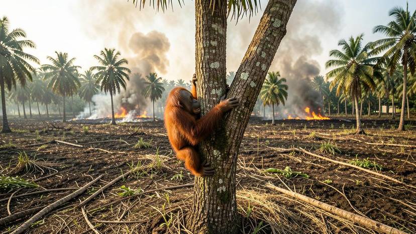 પામ ઓઈલ વાવેતરમાં ઓરાંગુટાન વસવાટ વિનાશ, સુમાત્રા, દસ્તાવેજી ફોટો