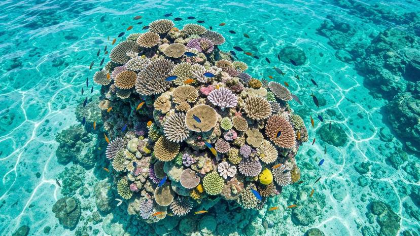 Coral reef protection sunscreen bottle sa tabing-dagat sa Pilipinas, harap ng makulay na bahura