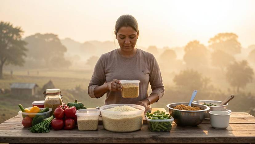 ਪੰਜਾਬ ਵਿੱਚ ਬੈਚ ਕੂਕਿੰਗ ਮੀਲ ਪ੍ਰੈੱਪ: ਸ਼ਾਕਾਹਾਰੀ ਦਾਲ, ਚੌਲ ਅਤੇ ਸਬਜ਼ੀਆਂ ਦੇ ਕੰਟੇਨਰ