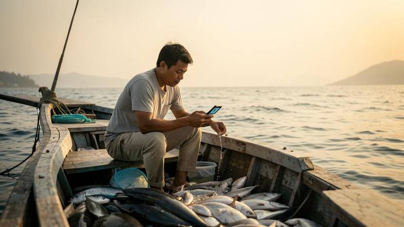 Mangingisdang Pilipino nag-scan ng QR code sa bangka para sa blockchain seafood traceability