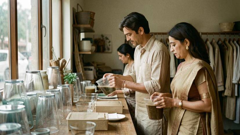 ગુજરાતમાં રિફિલ કલ્ચર સ્ટોરમાં કાચની બરણીઓ અને ગ્રાહકો પોતાના કન્ટેનર ભરતા
