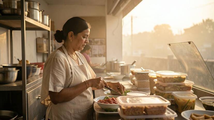 શાકાહારી બેચ કૂકિંગ ગુજરાતમાં – ફ્રીઝરમાં કાચની ડબ્બીઓમાં તૈયાર ભોજન સ્ટોર કરતી મહિલા