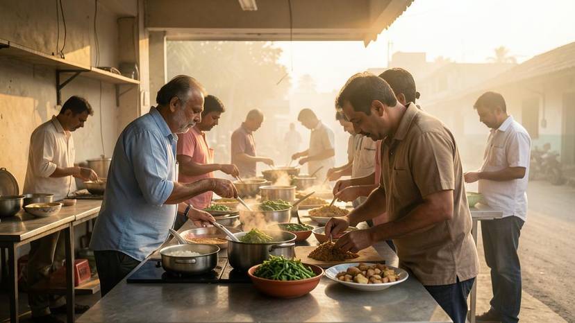 ગુજરાતમાં બેચ કૂકિંગ – અમદાવાદ સમુદાય રસોડામાં શાકાહારી ભોજન તૈયાર કરતા લોકો