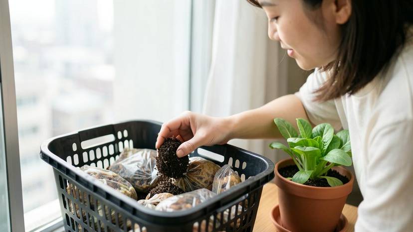 서울 아파트 발코니에서 보카시 퇴비 통을 열어 음식물쓰레기와 배양토를 섞는 한국 여성