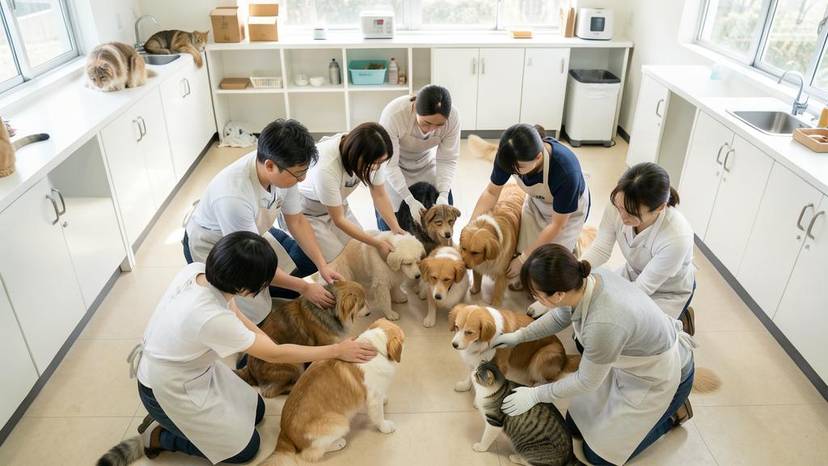 동물 보호 봉사 활동, 한국 서울의 동물 보호 센터에서 자원봉사자들이 유기견과 유기묘를 돌보는 모습