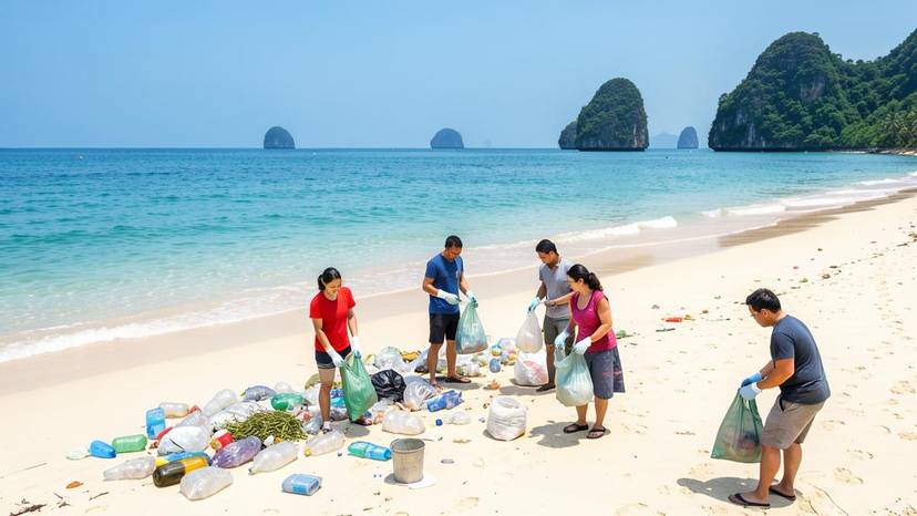 อาสาสมัครเก็บขยะพลาสติกบนชายหาดไทยเพื่อลดขยะทะเลในทะเลอันดามัน
