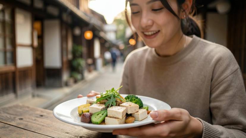 動物に優しい旅行の象徴として、京都でヴィーガン料理を味わう観光客の写真