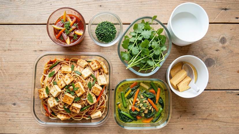 เมนูมังสวิรัติ 30 วัน อาหารไทย plant-based จัดเรียงในภาชนะแก้ว พร้อมเต้าหู้และผักสด