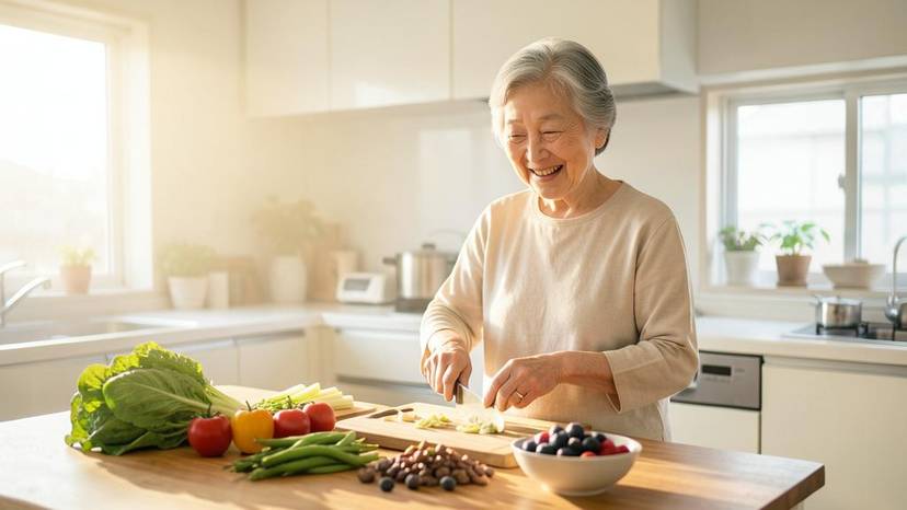 植物性食生活と認知症予防に良い野菜や果物を準備する日本の高齢女性の写真
