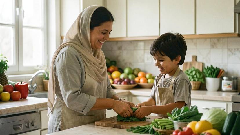 ماں اور بچہ کچن میں سبزیاں دھوتے ہوئے، بچوں کو پلانٹ بیسڈ کھانے کے بارے میں سکھانے کا طریقہ