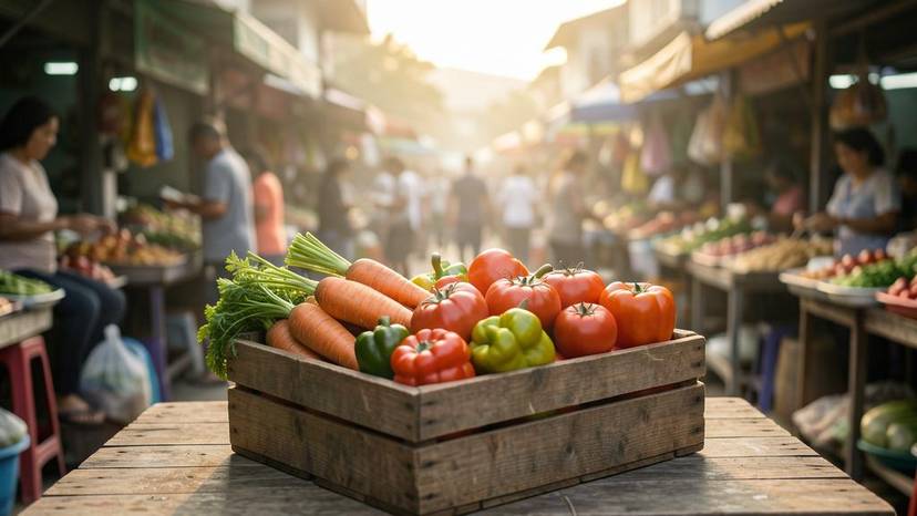 Kotak produk hodoh berisi sayur tidak sempurna di pasar tani Malaysia untuk perbandingan sisa makanan