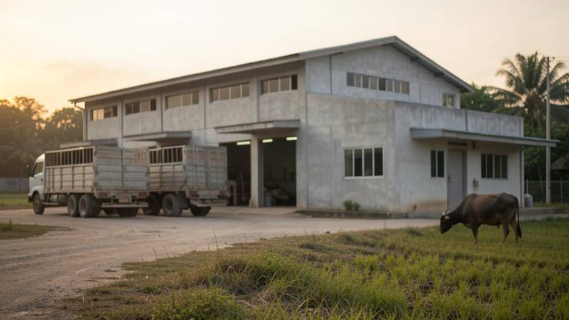 โรงฆ่าสัตว์มาตรฐานในชนบทไทย กับรถบรรทุกสัตว์และทุ่งหญ้าโดยรอบ สะท้อนอุตสาหกรรมเนื้อสัตว์