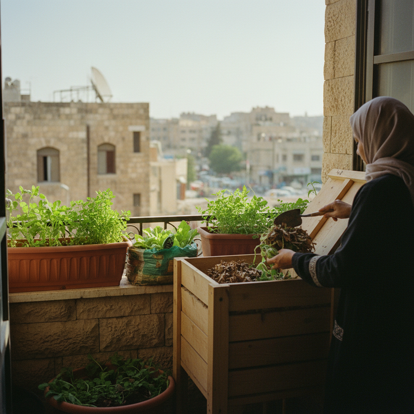صندوق سماد منزلي على شرفة سكنية لتحويل النفايات العضوية إلى سماد