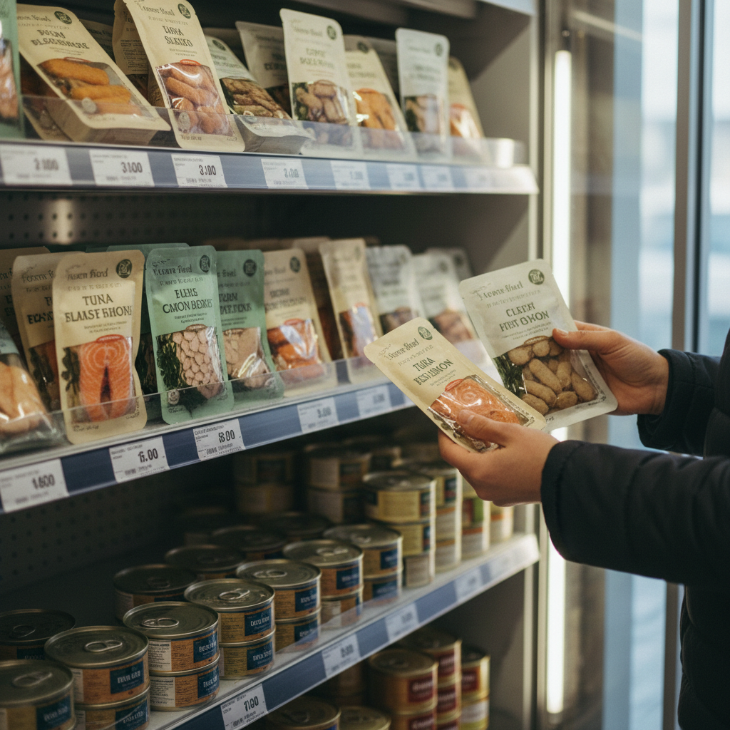 Persona comparando atún vegetal y atún convencional en supermercado de España