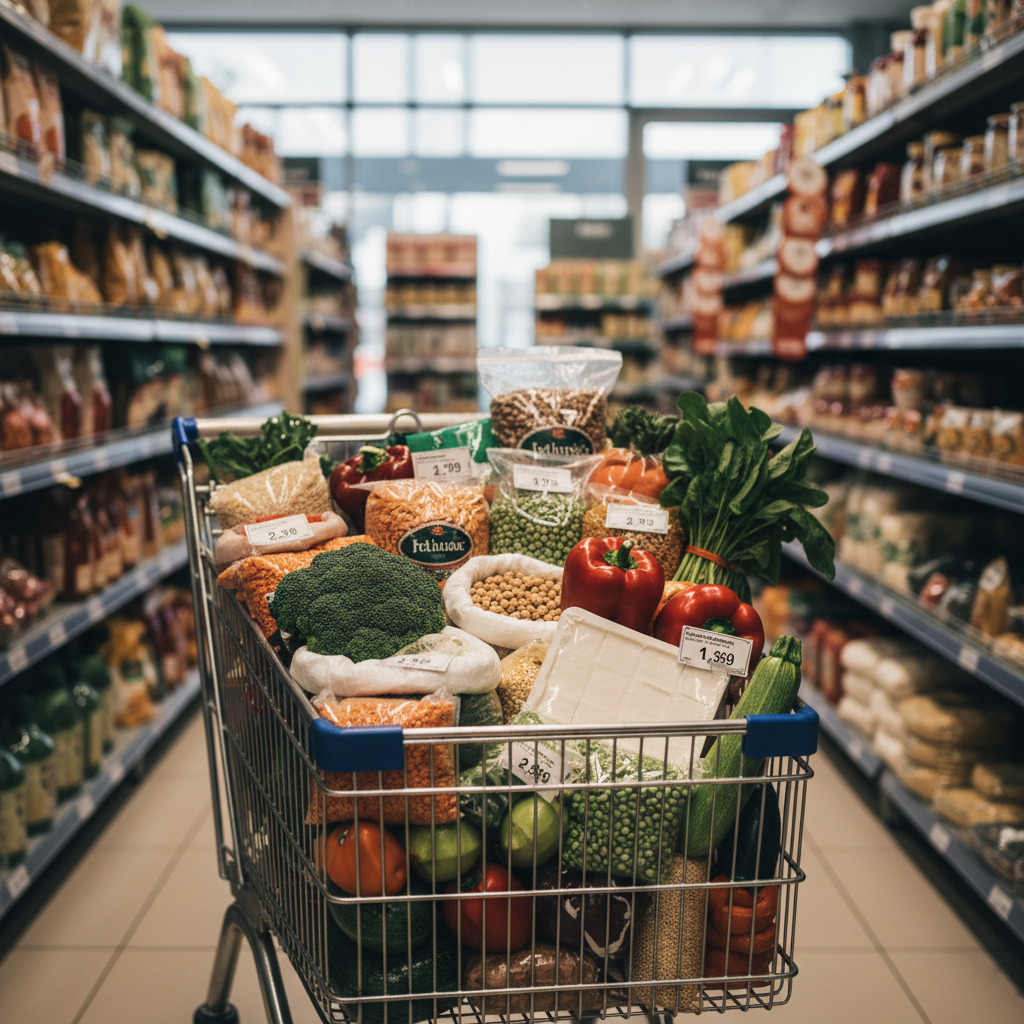Vegan hafta içi akşam yemekleri için bakliyat ve sebze alışveriş sepeti