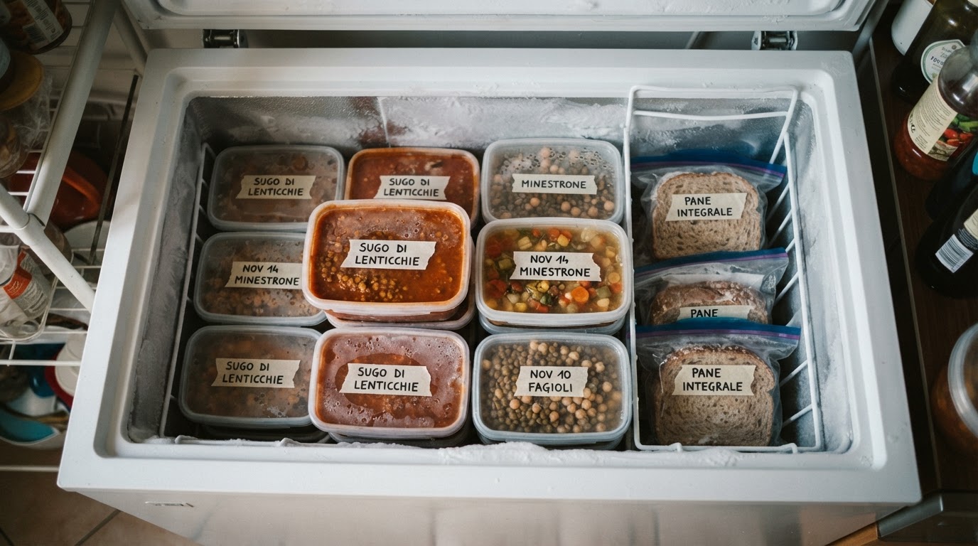 Freezer organizzato per meal prep vegetale con porzioni di legumi, zuppe e pane integrale