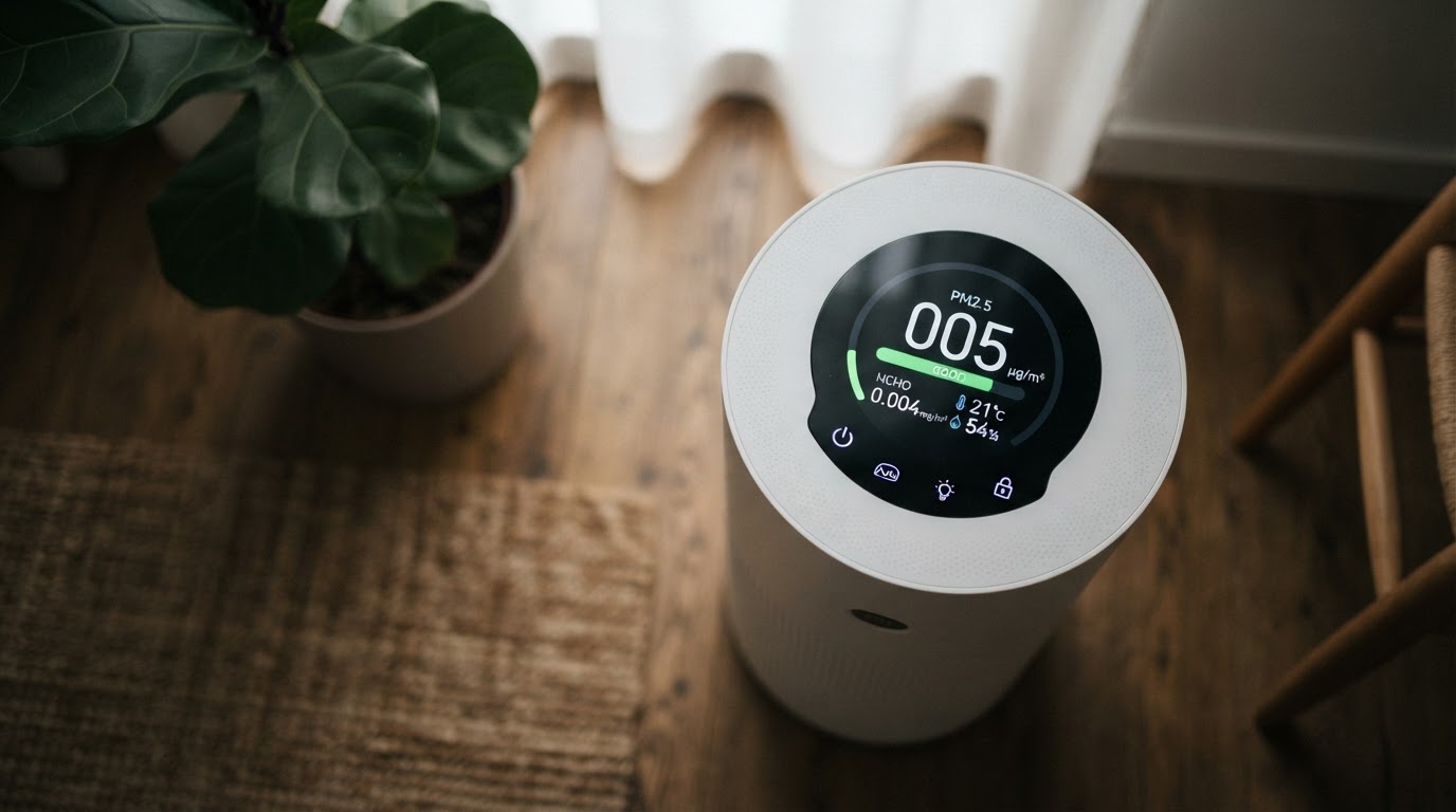 หน้าจอแสดงผลของ Xiaomi Smart Air Purifier 4 Pro แสดงค่า PM2.5 และโหมดการทำงานอัจฉริยะ