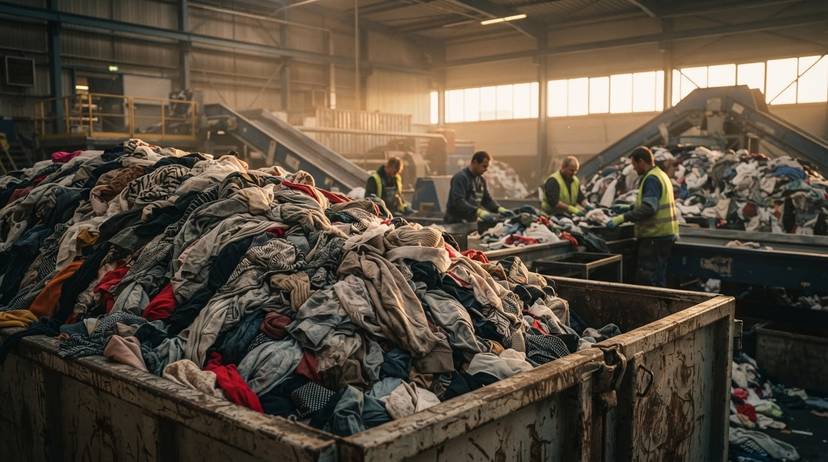 Dichte stapel textielafval in containers Rotterdam, werknemers sorteren materialen