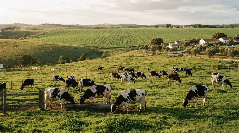 Produção de leite de vaca e cultivo de cereais para leite vegetal em paisagens portuguesas.