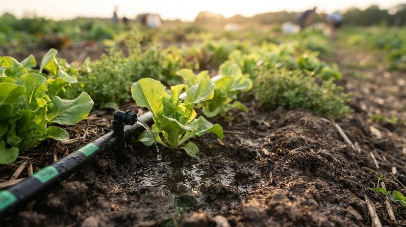 Sistema di irrigazione a goccia in campo agricolo per gestione sostenibile dell'acqua e risposta alla siccità.