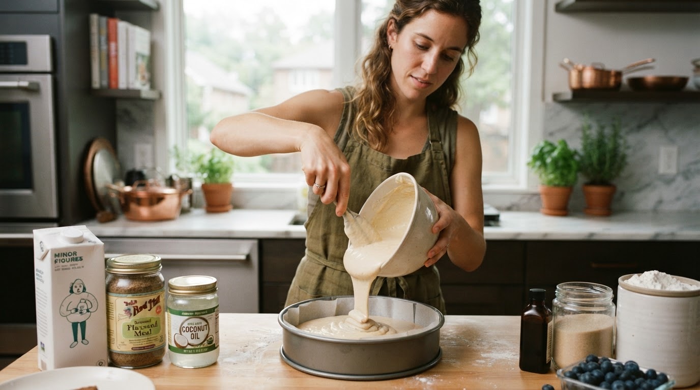 Mani che preparano un dolce vegano in una cucina italiana, con ingredienti vegetali come latte vegetale e farina, dimostrando l'assenza di uova.