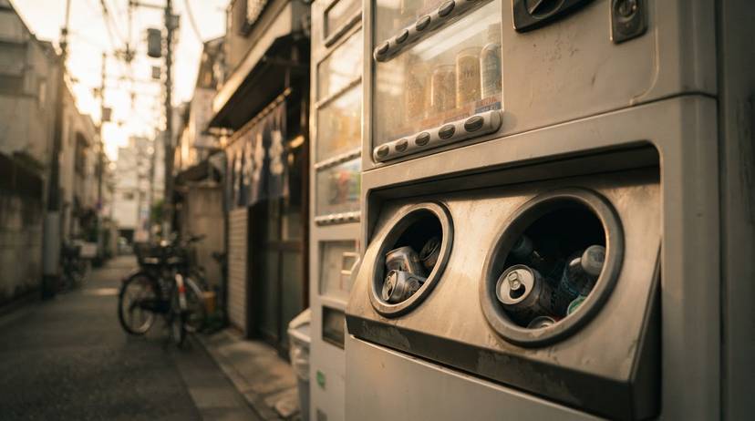 日本の自動販売機に設置された、空き缶やペットボトルを回収するリサイクルボックスのクローズアップ