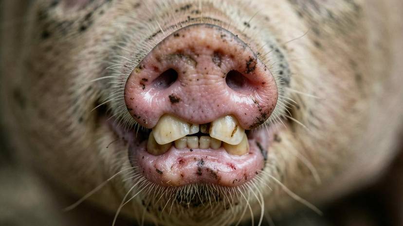 Imagen de primer plano de los dientes de un lechón, resaltando el impacto de la mutilación dental.