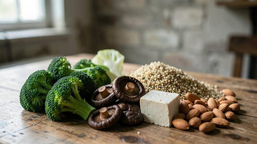 Varietate de alimente plant-based bogate în cholină, inclusiv broccoli, ciuperci shiitake, tofu, quinoa și arahide.