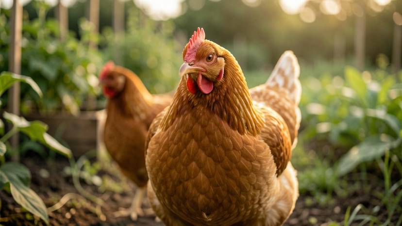 Primer plano de gallina en libertad en un huerto ecológico, bienestar animal sin jaulas