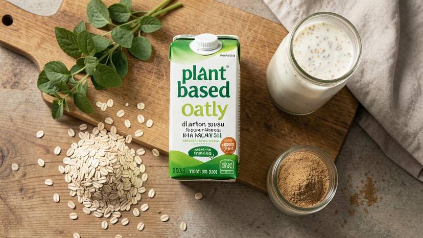 Karton susu oat Oatly di dapur Malaysia dengan oat segar dan segelas susu oat, ulasan produk vegan