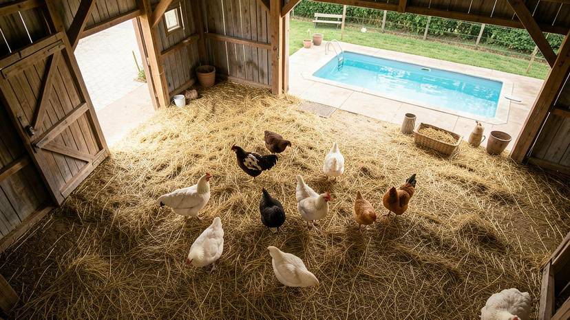 Patos criados en libertad en un establo amplio con paja y acceso a una piscina exterior, luz natural, ambiente tranquilo