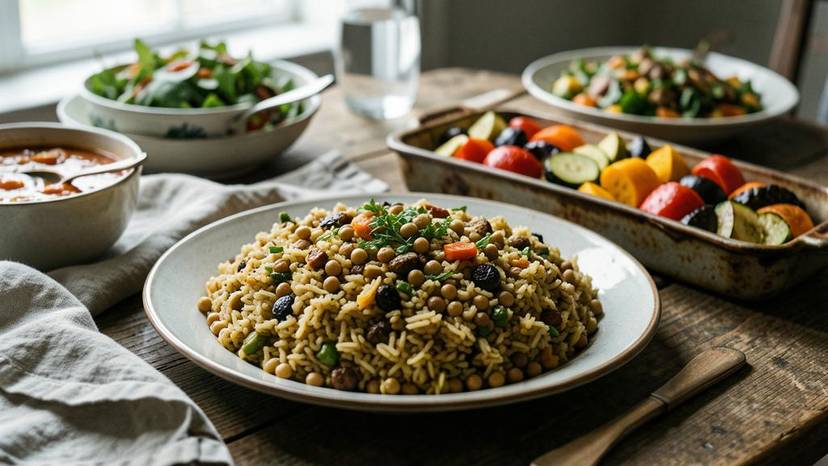 Vegan hafta içi akşam yemekleri için nohutlu pilav ve fırın sebze sofrasi
