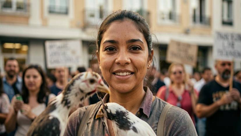Ativista em protesto contra debeaking sem anestesia em frente a supermercado em Lisboa, exigindo o fim da mutilação de aves