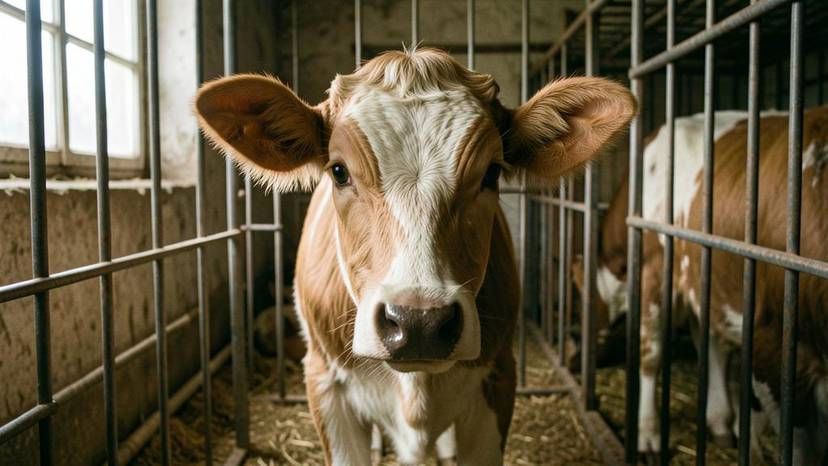 Jeune veau en confinement dans une cage étroite, reflétant la souffrance de l'élevage intensif français