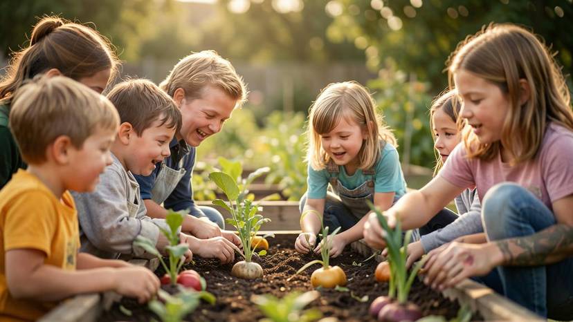 A family talking to kids about where food comes from, gardening together in a plant-based, ethical way.