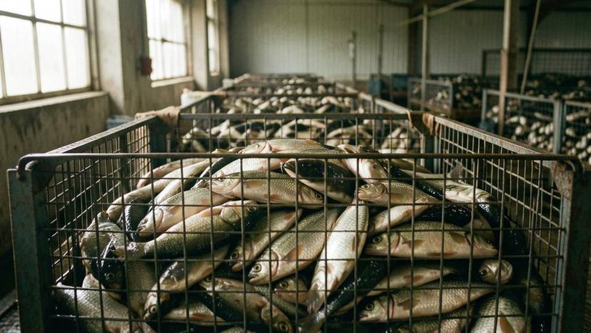 Primer plano de una jaula de acuicultura intensiva abarrotada de peces, evidenciando el hacinamiento y las condiciones artificiales de las piscifactorías industriales.