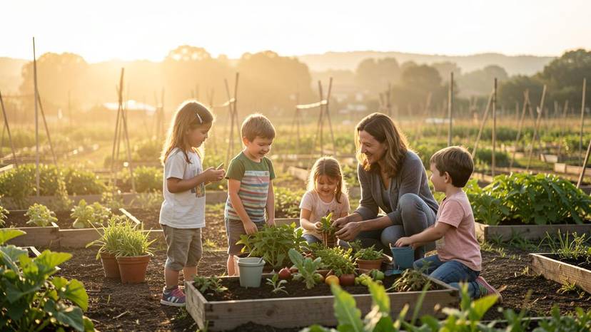A family talking to kids about where food comes from, gardening together in a plant-based, ethical way.