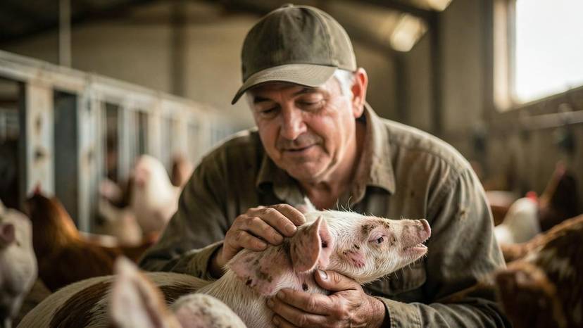 Investigador encubierto en una granja industrial en España revelando la crueldad animal y sufrimiento.