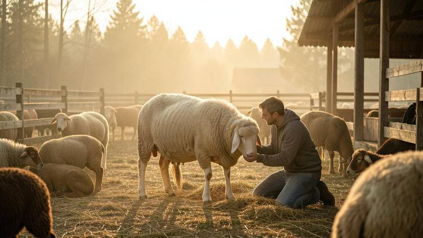 Voluntar hrănind o oaie salvată într-un sanctuar de animale din România, grijă și reabilitare animalelor de fermă
