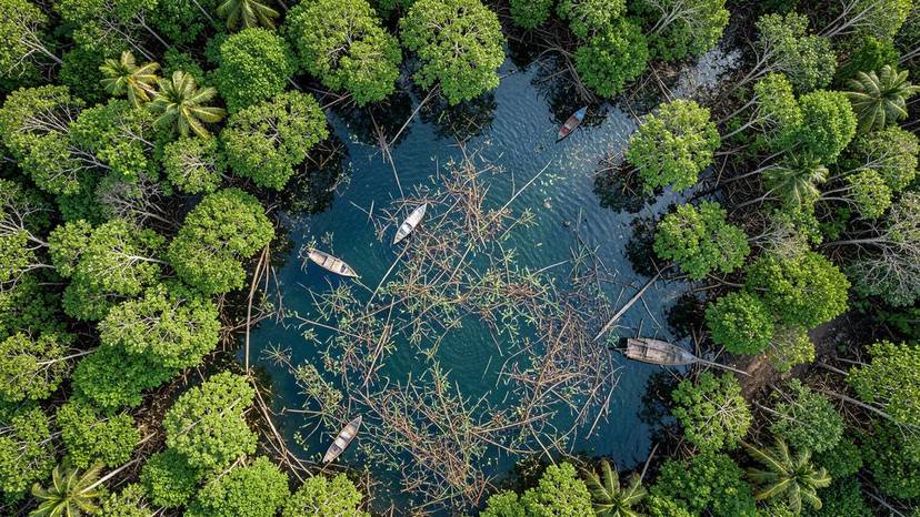 Pêche au cyanure déversant du poison sur un récif corallien en Asie du Sud-Est, impact visible sur les coraux blanchis.