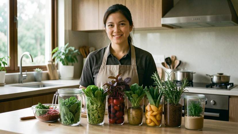 meal-prep berasaskan tumbuhan 2026 dalam bekas kaca pelbagai warna di dapur moden Malaysia