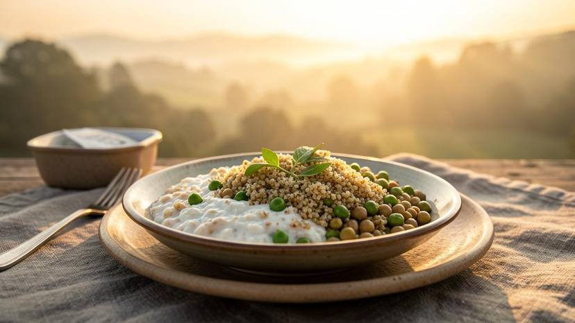 Plantaardige maaltijdprep met quinoa, kikkererwten en havermelk voor een gezond dieet