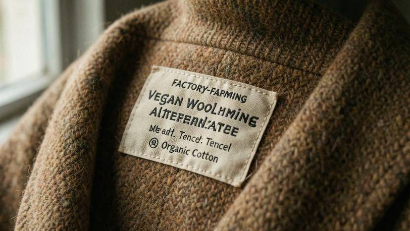 Close-up of a fabric composition label on a vegan wool alternative garment showing Tencel and organic cotton