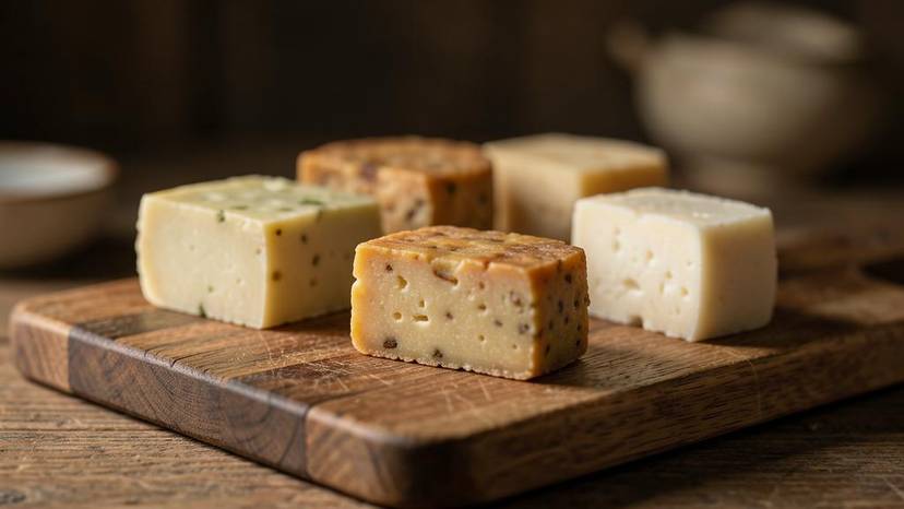Beragam keju vegan fermentasi buatan rumah yang lezat di atas talenan kayu, siap disajikan