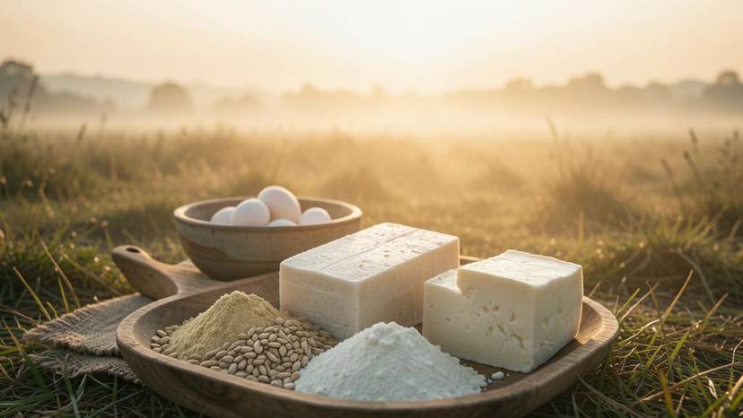 Berbagai pengganti telur nabati seperti telur biji rami, tahu sutra, dan bubuk pengganti telur