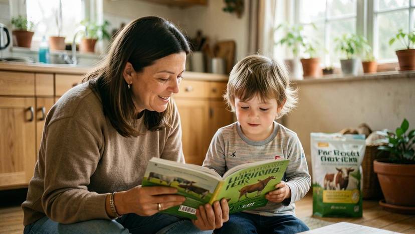 Ayah dan anak membaca buku tentang hewan ternak di rumah, edukasi vegan anak