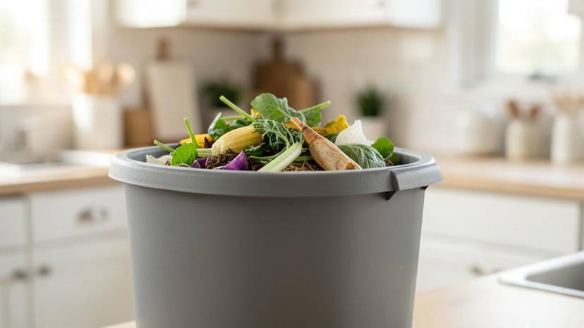 Ein moderner, grauer Bokashi Eimer steht in einer hellen Küche bereit, um pflanzliche Abfälle zu kompostieren und so zur Zero-Waste-Bewegung beizutragen.