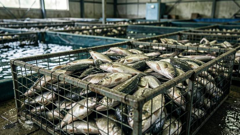 Primer plano de una jaula de acuicultura intensiva abarrotada de peces, evidenciando el hacinamiento y las condiciones artificiales de las piscifactorías industriales.
