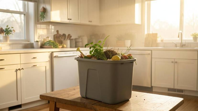 Ein moderner, grauer Bokashi Eimer steht in einer hellen Küche bereit, um pflanzliche Abfälle zu kompostieren und so zur Zero-Waste-Bewegung beizutragen.