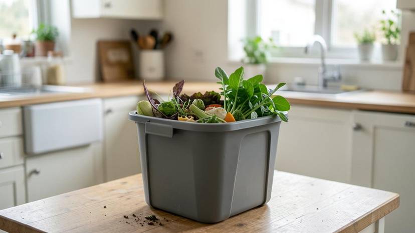 Ein moderner, grauer Bokashi Eimer steht in einer hellen Küche bereit, um pflanzliche Abfälle zu kompostieren und so zur Zero-Waste-Bewegung beizutragen.